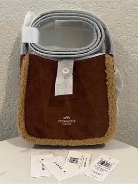 Coach Suede Brown Shearling-Trim Crossbody Bag NWT